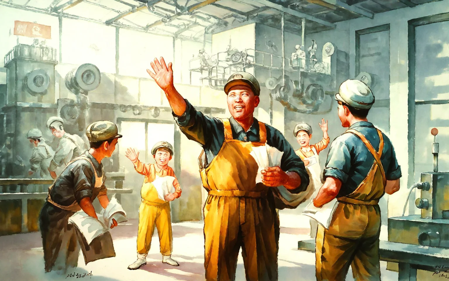 <lora:nk_join_v3:1> in gouache detailed paintings,a storybook illustration,a watercolor painting ,bestkoreaart, a group of workers standing and waving, a factory, score_9, score_6_up, score_7_up