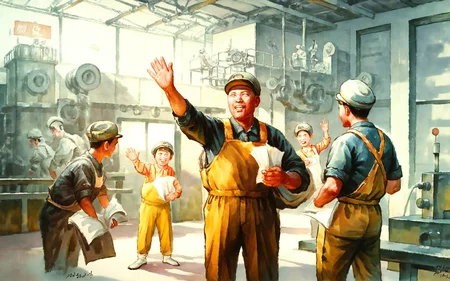 <lora:nk_join_v3:1> in gouache detailed paintings,a storybook illustration,a watercolor painting  ,bestkoreaart, a group of workers standing and waving, a factory, score_9, score_6_up, score_7_up