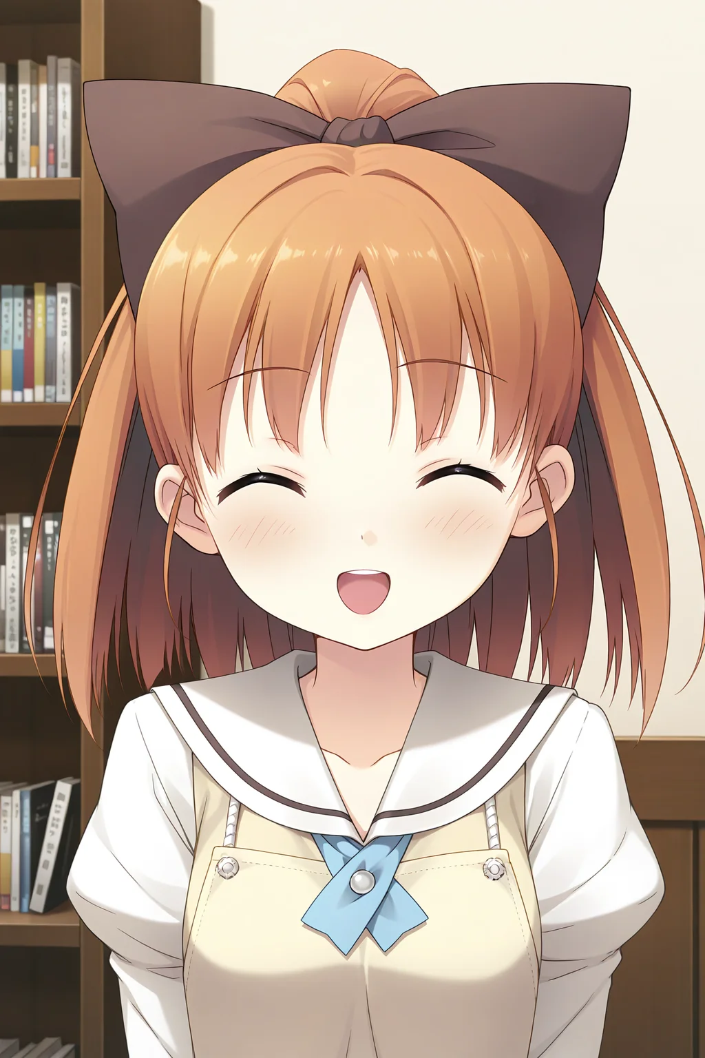 masterpiece, best quality, absurdres, official art, official style, rating general BREAK <lora:minagawayuuhi_IL_v1-1:0.7>, minagawa yuuhi, 1girl, solo, open mouth, green eyes, brown hair, orange hair, short hair, high ponytail, wide ponytail, hair bow, black bow, large bow, medium breasts, small breasts, school uniform, serafuku, white sailor collar, yellow sweater vest, white shirt, juliet sleeves, sleeves past wrists, yellow apron, upper body, indoors, close-up, bookshelf, book,
blush, :d, ^o^, closed eyes, facing viewer, happy, open mouth
