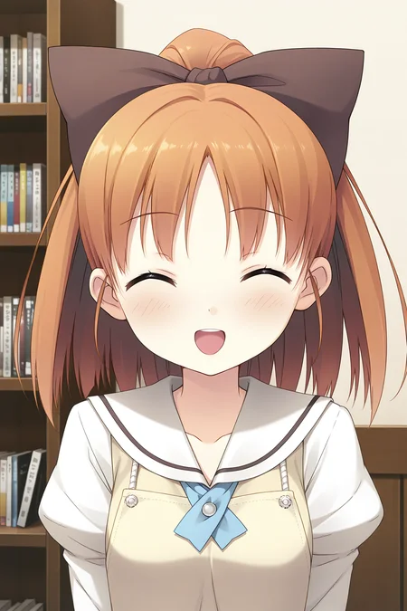 masterpiece, best quality, absurdres, official art, official style, rating general BREAK <lora:minagawayuuhi_IL_v1-1:0.7>, minagawa yuuhi, 1girl, solo, open mouth, green eyes, brown hair, orange hair, short hair, high ponytail, wide ponytail, hair bow, black bow, large bow, medium breasts, small breasts, school uniform, serafuku, white sailor collar, yellow sweater vest, white shirt, juliet sleeves, sleeves past wrists, yellow apron, upper body, indoors, close-up, bookshelf, book,
blush, :d, ^o^, closed eyes, facing viewer, happy, open mouth