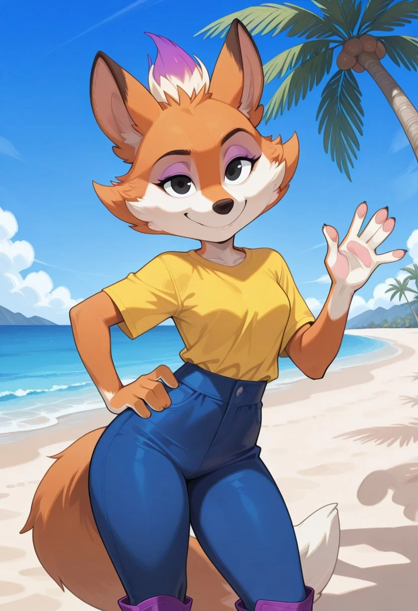 score_9,score_8_up,score_7_up,score_6_up, masterpiece, best quality, very aesthetic, 2d, ((thin lines)), vibrant saturated colors,
volumetric lighting, cinematic lighting, moody lighting, dramatic shadows,
detailed background, outdoors, ocean, beach, sand, blue sky, palm tree,
BREAK
1girl, (face focus), solo, female, Perfect Body, (Perfect Anatomy), ((well proportional body)), rockdog, lilfoxy, fox, furry female, anthro, black eyes, tail,
smile, looking at viewer, closed mouth,
yellow T-shirt, short sleeves, glasses, blue skirt, blue leggings, purple boots
(cowboy shot), (from the front),
standing, one hand waving, one hand on hips, dynamic pose, wide stance,contrapposto,