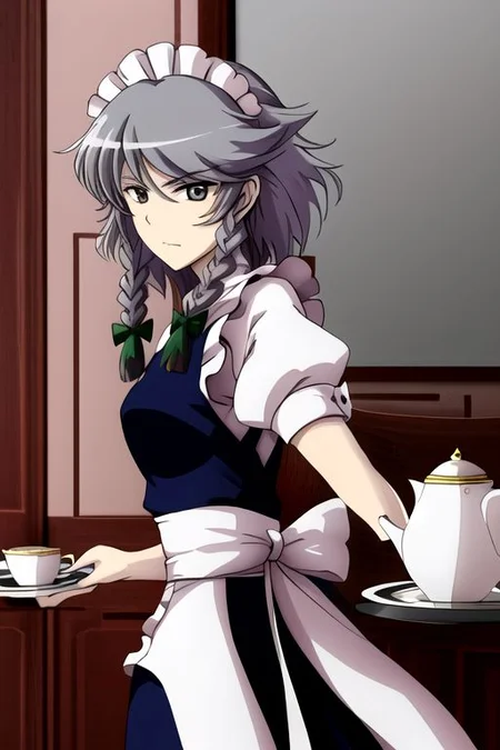 izayoi sakuya, 1girl, apron, balcony, black dress, braid, chair, cup, dress, grey eyes, grey hair, hair ribbon, looking back, maid, ribbon, saucer, solo, table, tea set, teacup, teapot, tray, twin braids,
masterpiece, best quality, very aesthetic, absurdres, pixiv, anime coloring