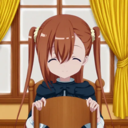 best quality, masterpiece, CostingTasha, 1girl, closed eyes, solo, smile, brown hair, twintails, window, curtains, long hair, indoors, ^_^, facing viewer, chair, bow, anime coloring, hair ornament, scrunchie, hair between eyes, parody, holding, upper body,