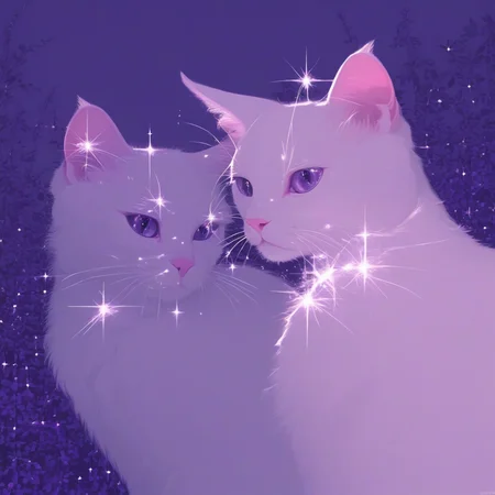 aaAR7gl,no humans,animal focus, sparkle,two pink cat,play,garden,animal whisker, purple background, simple background.