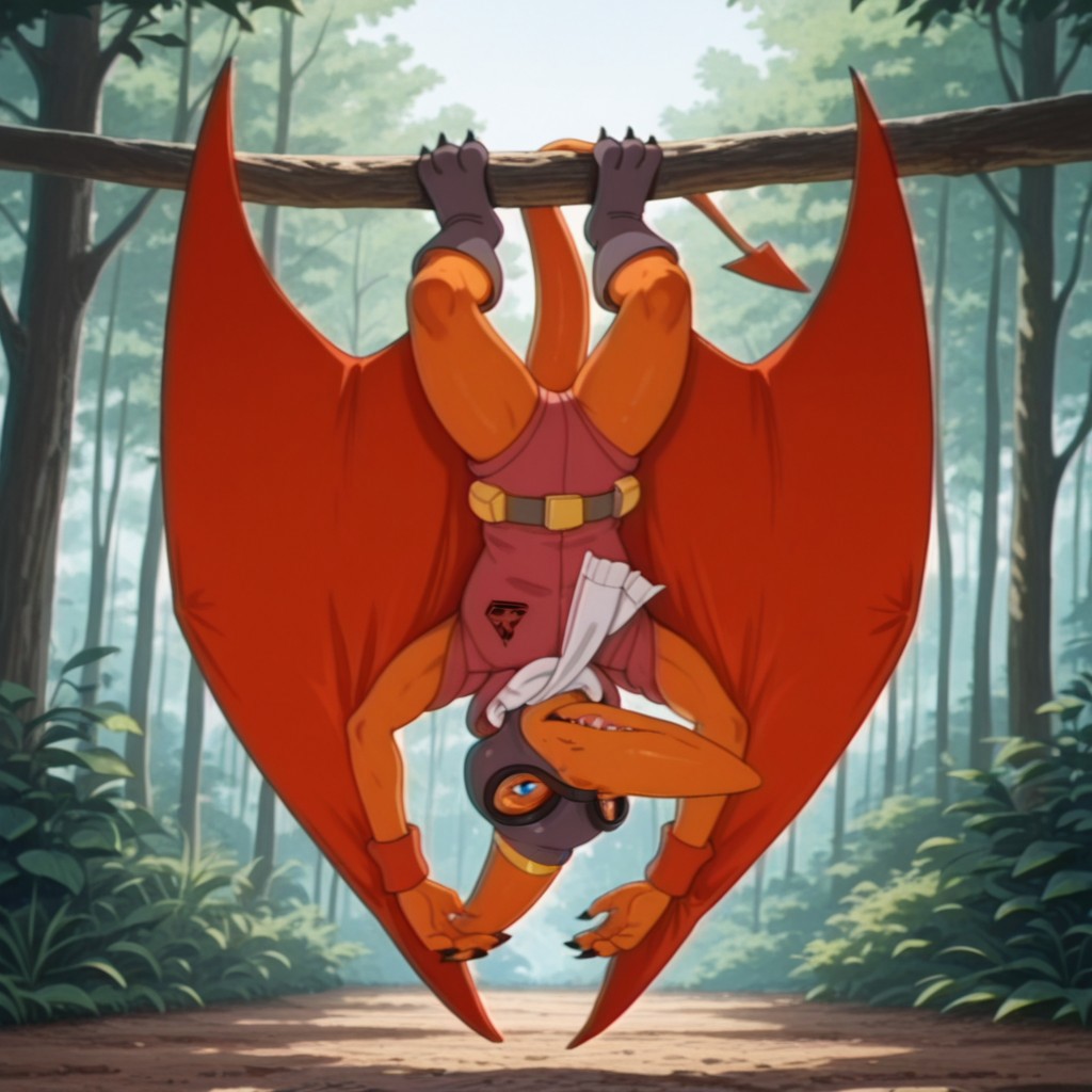 masterpiece, best quality, amazing quality, DactylDsil, anthro, male, pterosaur, orange skin,blue blue eyes, winged arms, dark orange wings, red leotard, white scarf, black goggles, grey aviation helmet, grey boots, dark orange wristbands, grey belt, yellow belt pouch,, solo, 1boy, full body, forest, hanging by his feet, upside-down