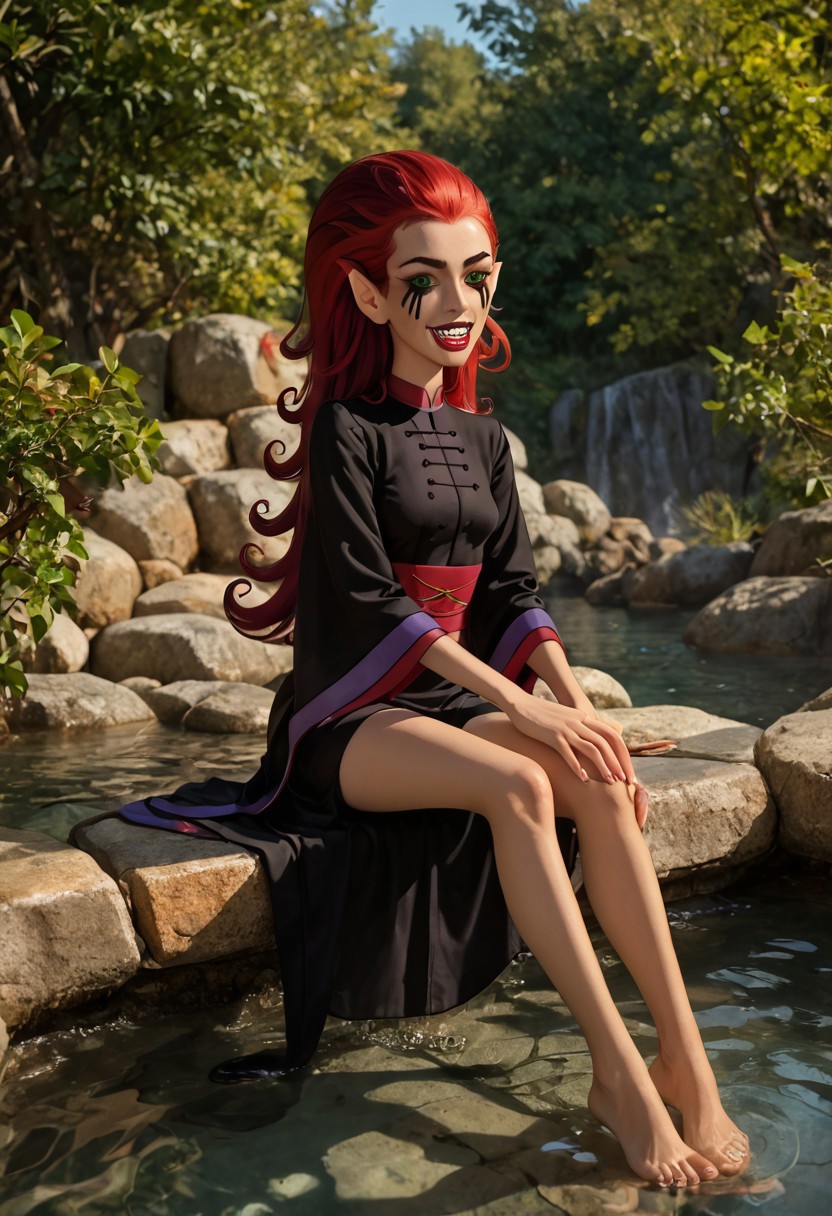 masterpiece,best quality, highly detailed, score_9, score_8_up, score_7_up, score_6_up,source_cartoon,
BREAK
wuya 1girl, black dress, solo, long hair, red hair, pointy ears, green eyes, makeup, lipstick, facepaint, smile, fangs, wide sleeves, barefoot,
BREAK
Sitting in a chair, look out over the water,
BREAK
Sunset, Beautiful Sunset,
BREAK
Outdoors,, Onsen, Steam, Rising Steam, ornate, intricate, fantasy, detailed background, colorful,