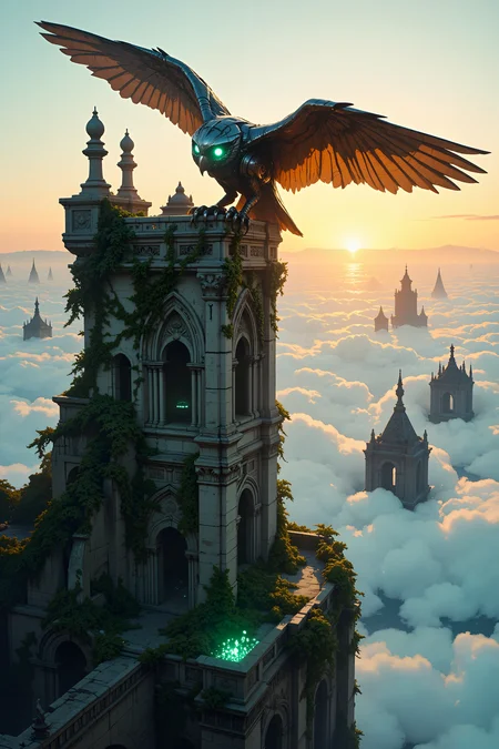 High above the clouds, on a floating island covered in ancient, overgrown ruins, a giant mechanical owl with glowing emerald eyes perches silently on the edge of a crumbling stone tower. Its massive wings, made of interlocking metal feathers, glint in the fading light of a distant sun that hangs low on the horizon, casting a warm, golden glow over the island. The air is thin and crisp, with the occasional gust of wind causing the overgrown vines that wrap around the tower to sway gently. Below, the endless sea of clouds stretches out in all directions, reflecting the vibrant colors of the setting sun in soft, pastel hues. The owlâs eyes scan the horizon, ever watchful, as tiny sparks of energy flicker between its metallic feathers. Surrounding the island, other floating landmasses drift lazily through the sky, their surfaces dotted with ancient, crumbling structures and strange, glowing crystals. The faint sound of distant wind chimes echoes across the landscape, carried on the breeze from some long-forgotten shrine hidden among the ruins. The scene is one of quiet majesty, where ancient technology and nature coexist in perfect harmony above the world below. , detailed background Fantastic lighting. Detailed shadows.intricate details, vivid colors, hyper-detailed, ultra-sharp <lora:Dark_and_sentimental v1.0:0.75><lora:FluxMythG0thicL1nes:0.6>