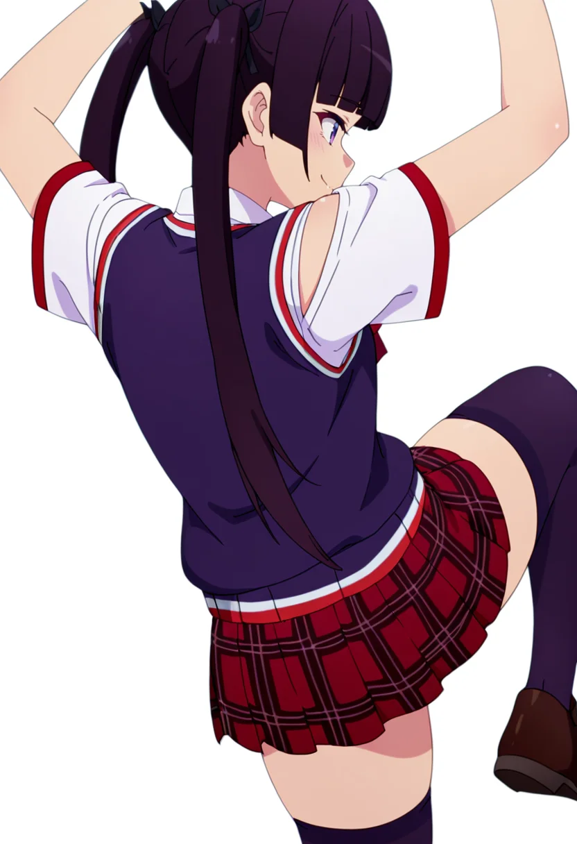 masterpiece,high quality details, absurdres,
 <lora:Mamimi:0.8>
mamimi_cnr,  1girl, black hair, long hair, twintails,blunt bangs, purple eyes,
mamimi_s1,white shirt, sweater vest, short sleeves,red skirt, plaid skirt, pleated skirt, black thighhighs, red bowtie, ribbon, black hair ribbon, shoes,, simple background, white background, from behind,solo,, sad smile,despair,, standing with weight on one leg,relaxed expression,arms raised above head,, off-shoulder top ,vest ,shorts, ,thighhighs,