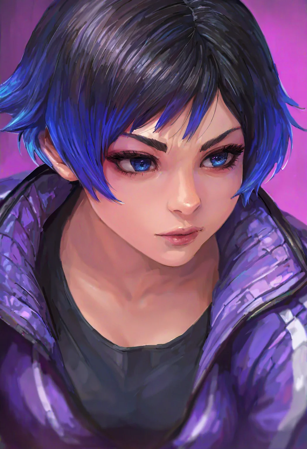 1girl, solo, reina \(tekken\), purple jacket, black shirt, depth of field, purple background, depth of field, gradient hair,
masterpiece, best quality, <lora:miche-guy90-Illust-Lycorisv1:1>, miccceh