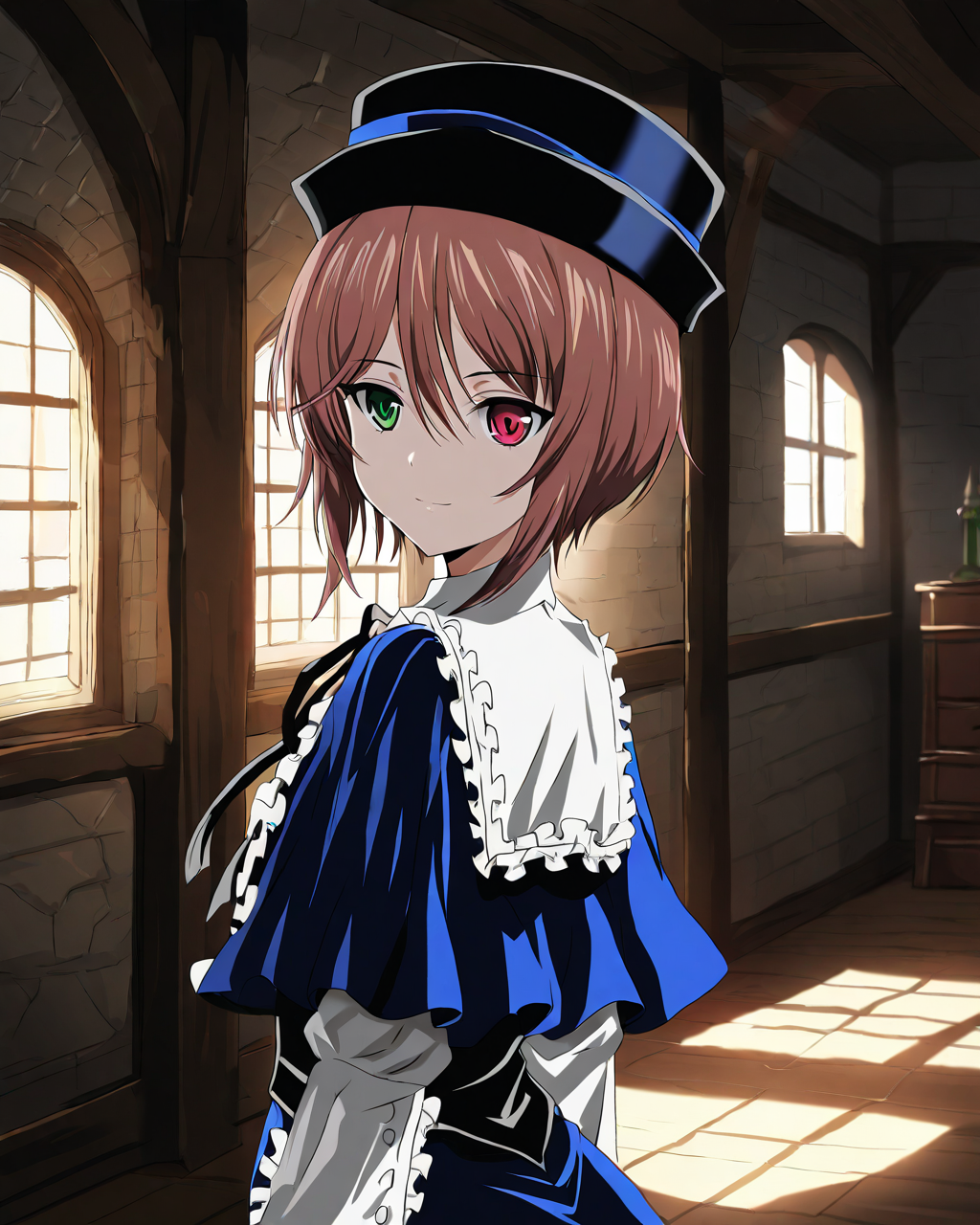 SouseisekiRozenMaiden,
1girl, solo, from back,
hat, short hair, brown hair,
green eyes, heterochromia, red eyes,
light smile,
blue capret, white collar, neck ribbon, blue dress, 
room, medieval interior,
<lora:kp_SouseisekiRozenMaidenAnimagineXL_v1_0:1.0>,
BREAK
masterpiece, best quality, absurdres, 
ultra-detailed, moody lighting,
depth of field,