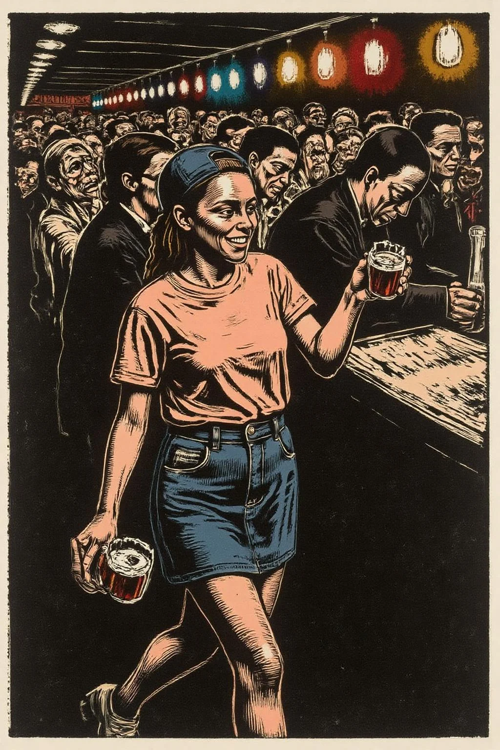 kako1 black and white woodcut print. The air buzzes with the energy of a busy bar, a mix of music, conversation, and the clinking of glasses. A barmaid, the embodiment of youthful vibrancy, navigates the lively scene. She wears a peach-coloured T-shirt, the soft fabric contrasting with the smooth, cold glass of coke she carries on a small tablet. Her short skirt adds a playful touch, and a backwards baseball cap hints at a carefree attitude. The setting and atmosphere are palpable: the warm, slightly sticky surface of the bar counter under her fingertips, the dim, colourful lighting that casts playful shadows. Sensory details are abundant: the condensation forming on the glass of coke, the texture of her denim skirt, and the way the bar lights catch the highlights in her hair. Her confident stride, her quick smile, and her efficient movements. Stylistically, the image draws inspiration from the vibrant, candid shots of nightlife photographers, with a touch of the stylized realism found in contemporary illustration. There's a deliberate contrast between the barmaid's youthful energy and the slightly worn, lived-in atmosphere of the bar, creating a dynamic and engaging image. <lora:kako3_woodcut_cap_d6a3e11:1.0><lora:817675045167112670:0>