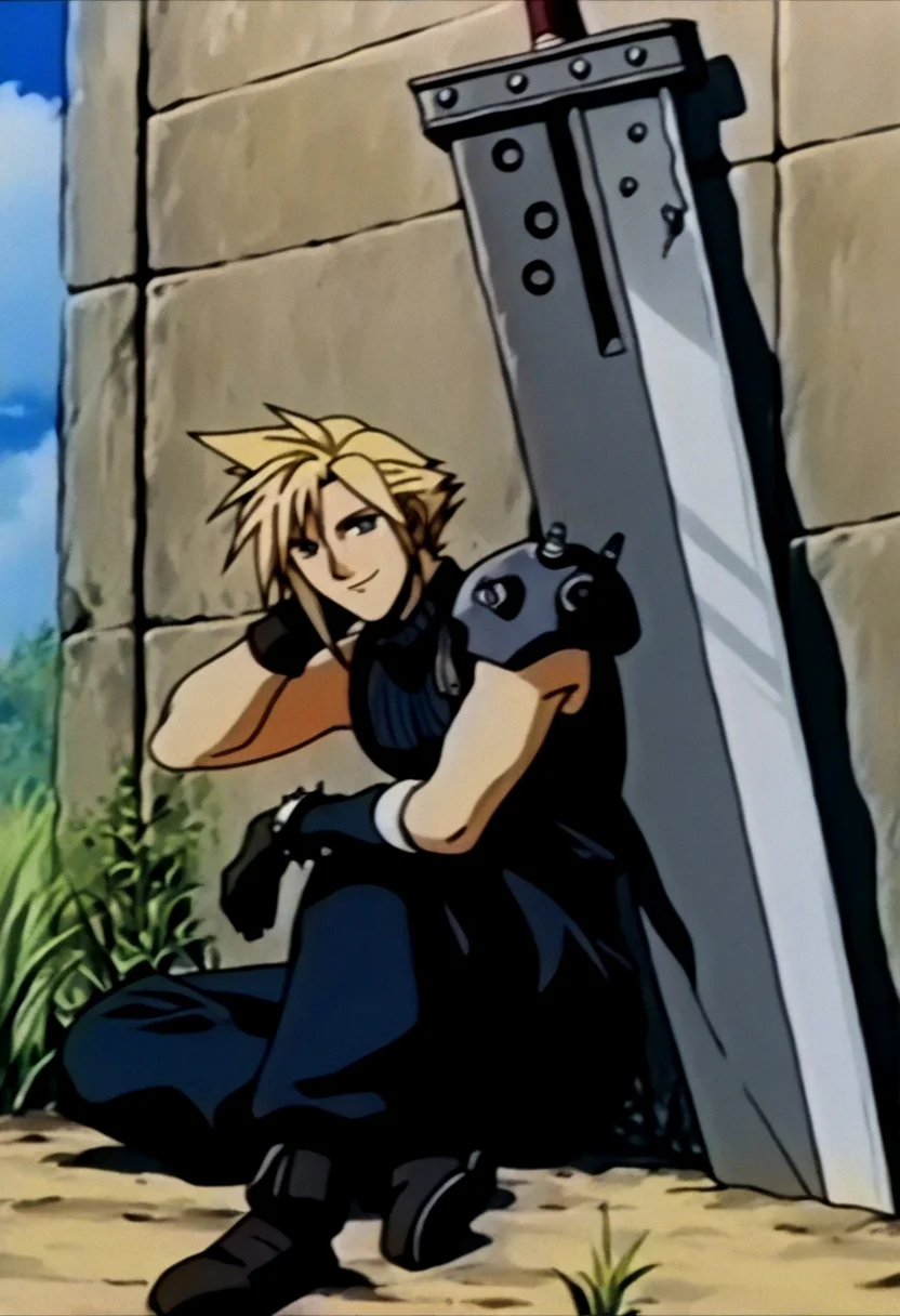 masterpiece, best quality, solo, looking at viewer, 1boy, <lora:FeOVA_GLoRA-illus_Fp:1>, retro artstyle, cloud strife, buster sword, arm behind head, smile, planted sword, sitting, wall, grass,