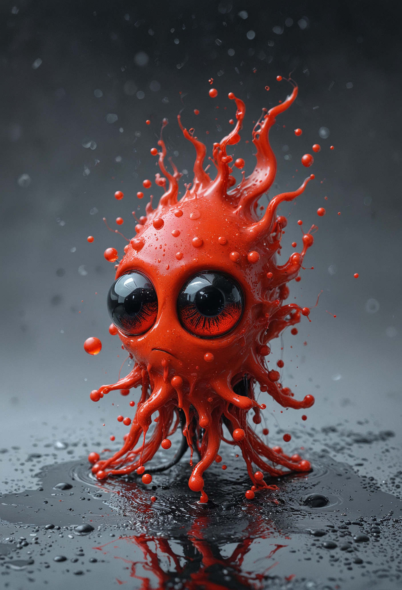 In a cool grey-toned background, a splash of bright crimson red paint with large shiny cartoony black eyes, surrounded by lighter red embers, its body and tendrils have a glossy dripping quality with tiny bubbles and dynamic splashes that give a sense of movement, frozen mid-splash, <lora:xl_more_art-full_v1:0.4>, <lora:add-detail-xl:1>, <lora:MJ52:0.4>