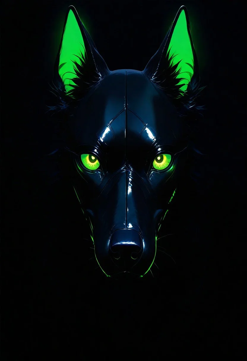 no humans, black dog, glowing green eyes, looking at viewer, dark night, shiny, reflection, dark, masterpiece, best quality, very aesthetic, very awa, newest