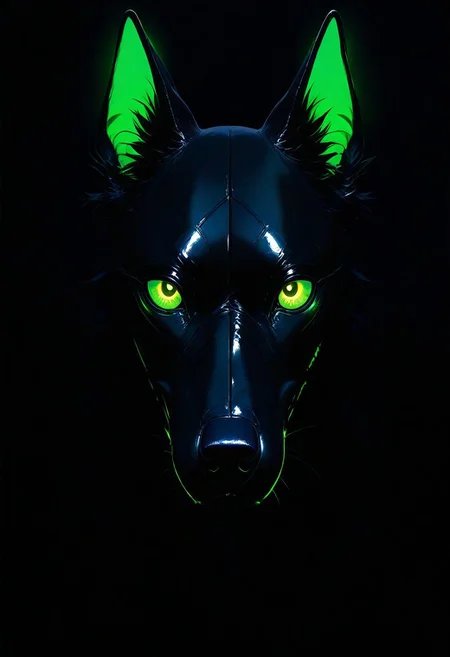 no humans, black dog, glowing green eyes, looking at viewer, dark night, shiny, reflection, dark, masterpiece, best quality, very aesthetic, very awa, newest