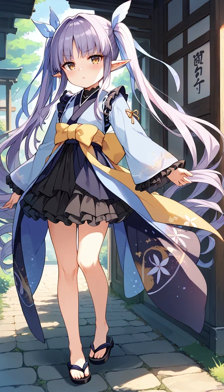 score_9,score_8_up,score_7_up,
official art,official style,game cg,megami magazine,
kyoukadef,
(black skirt:1.2),blue kimono,blue ribbon,black skirt,blush,bow,brown eyes,dress,elf,frilled sleeves,frilled skirt,
frills,hair ribbon,japanese clothes,kimono,layered skirt,long hair,long sleeves,pointy ears,purple hair,
ribbon,skirt,twintails,very long hair,wide sleeves,yellow eyes,
1girl,solo,
standing,full body,
<lora:princess_connect_kyouka_pony_v1:1>,