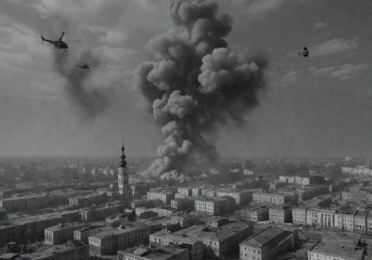 <lora:Smoke_XL:1>, middle shot, modern Ukrainian bombed out city with churches, helicopters overhead,  in the form of smoke_xl