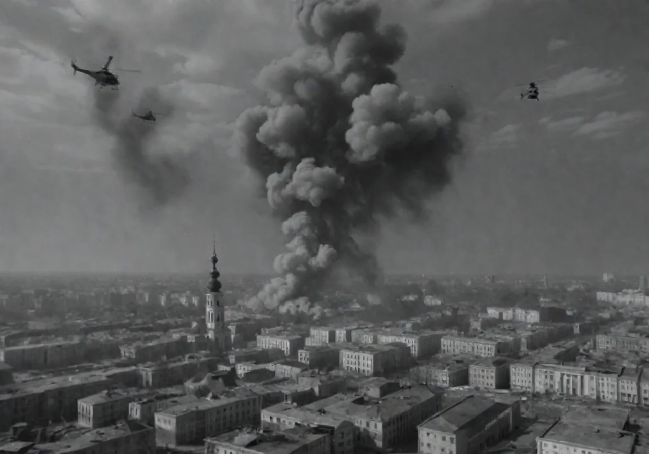 <lora:Smoke_XL:1>, middle shot, modern Ukrainian bombed out city with churches, helicopters overhead, in the form of smoke_xl