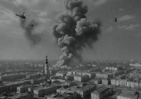 <lora:Smoke_XL:1>, middle shot, modern Ukrainian bombed out city with churches, helicopters overhead, in the form of smoke_xl