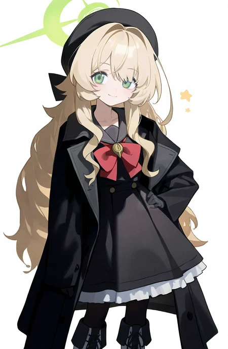 1girl, solo, long_hair, looking_at_viewer, smile, simple_background, blonde_hair, long_sleeves, white_background, gloves, dress, hat, green_eyes, full_body, pantyhose, boots, open_clothes, black_gloves, sailor_collar, halo, coat, black_pantyhose, black_headwear, hair_intakes, hands_on_own_hips