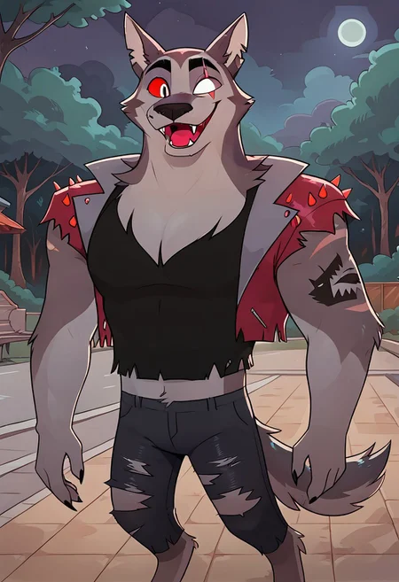 SCORE_9, SCORE_8_UP, SOURCE_ANIME, REALISTIC, BREAK, 1MALE, TEX, FACE FOCUS, CLOSE UP, PORTRAIT, FRONT VIEW, FURRY, GREY FUR, (SCAR ACROSS EYE), (BLANK GLASS EYE), RIGHT EYE SILVER, RIGHT RED SCLERA, EAR SLITS, TANK TOP, SPIKED LEATHER VEST, RIPPED JEANS, TAIL, ARM TATTOO, LAUGHING, FANGS, BREAK, DARK NIGHT, PARK, SIDEWALK, HIGH RESOLUTION, VIVD TEXTURES