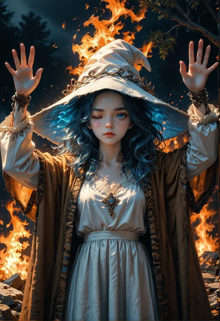 score_9,score_8_up,score_7_up,embedding:zPDXL2, film grain,Cinematic Lighting,colorful, 1girl, arms up, fire, outstretched arms, upper body, ranni-default,ranni the witch,blue eyes,one eye closed,blue hair,wavy hair,4 arms,(multiple faces:1.2),blue skin,colored skin,cracked skin,doll joints,witch hat,white headwear,white dress,long sleeves,fur cloak,brown cloak, burning,golden tree,<lora:增强\(收藏)\sdxl_lightning_8step_lora.safetensors:1.0:1.0> <lora:增强\(收藏)\Midjourney mimic 2.0.safetensors:0.2:0.2> <lora:(风格)\Photo 2 Style SDXL_LoRA_Pony Diffusion V6 XL.safetensors:0.3:0.3> <lora:增强\(收藏)\Midjourney mimic 1.2.safetensors:0.6:0.6> <lora:(风格)\(收藏)\fiasco_A1.safetensors:0.6:0.6> <lora:(风格)\(收藏)\unholy-000009.safetensors:0.2:0.2> <lora:ElmoRiseMeme_pdxl_Incrs_v1.safetensors:0.2:0.2>
