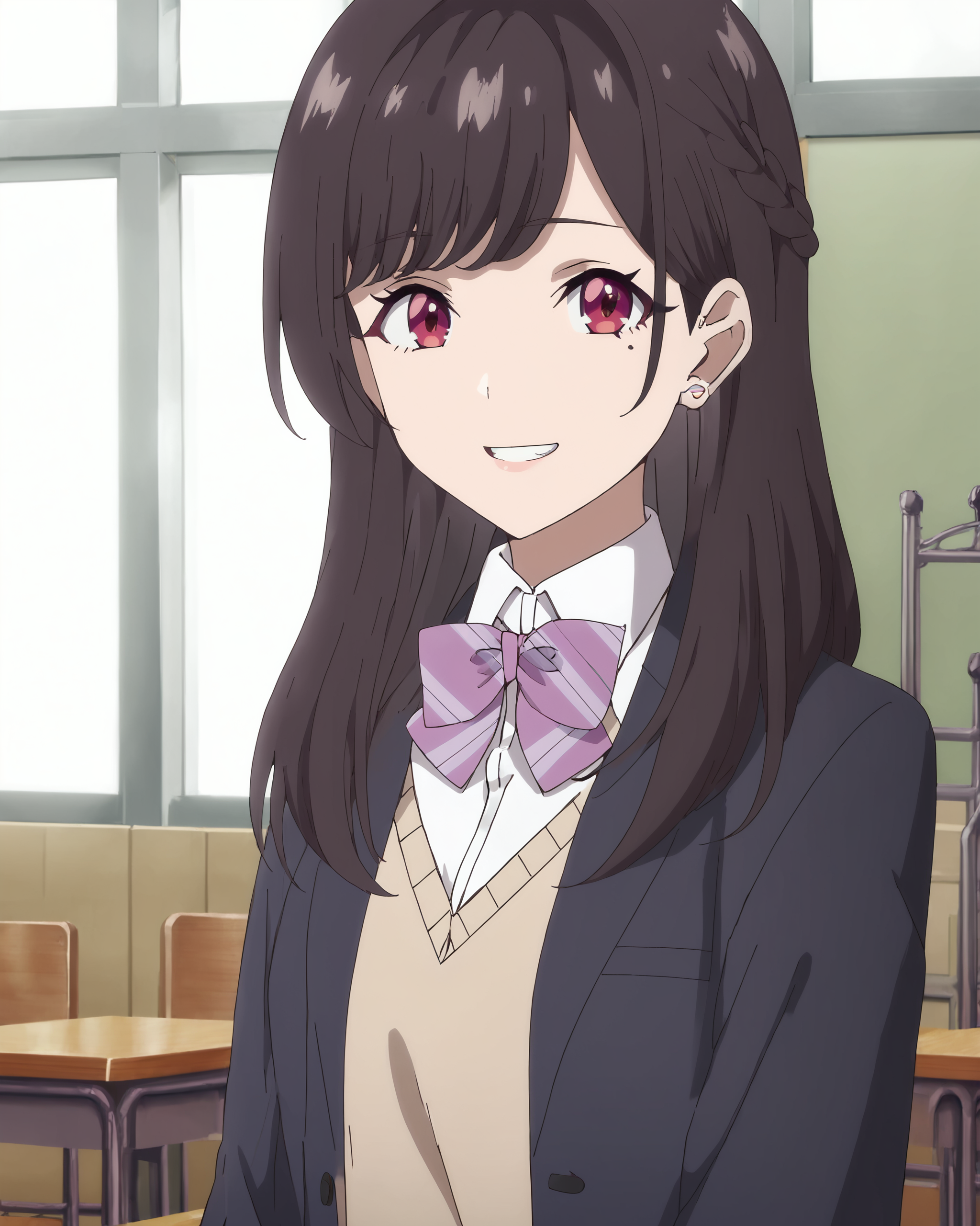 score_9, score_8_up, score_7_up, source_anime, masterpiece, perfect lighting, in a classroom,
<lora:Maria_Kurose:1>Maria Kurose, mole under eye, long hair, bangs, braid, black hair, red eyes, hair behind ear, large breasts,
directly facing the viewer, looking at the viewer, gentle smile, mouth open, teeth, upper body,
School uniform, striped bow, bowtie, white shirt, collared shirt, plaid skirt, kneehighs, white socks, shoes, blazer (optional)