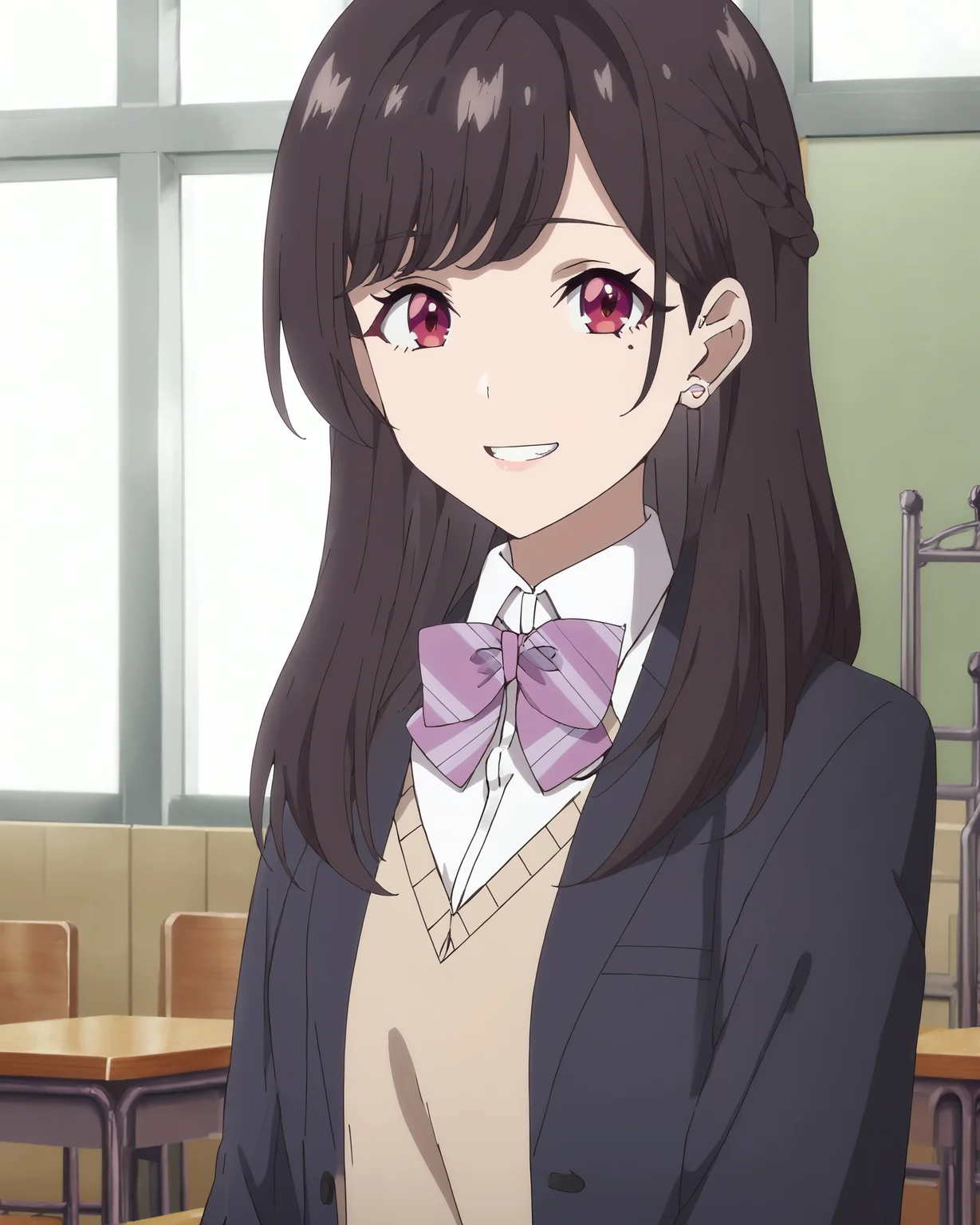 score_9, score_8_up, score_7_up, source_anime, masterpiece, perfect lighting, in a classroom,
<lora:Maria_Kurose:1>Maria Kurose, mole under eye, long hair, bangs, braid, black hair, red eyes, hair behind ear, large breasts,
directly facing the viewer, looking at the viewer, gentle smile, mouth open, teeth, upper body,
School uniform, striped bow, bowtie, white shirt, collared shirt, plaid skirt, kneehighs, white socks, shoes, blazer (optional)