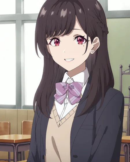 score_9, score_8_up, score_7_up, source_anime, masterpiece, perfect lighting, in a classroom,
<lora:Maria_Kurose:1>Maria Kurose, mole under eye, long hair, bangs, braid, black hair, red eyes, hair behind ear, large breasts,
directly facing the viewer, looking at the viewer, gentle smile, mouth open, teeth, upper body,
School uniform, striped bow, bowtie, white shirt, collared shirt, plaid skirt, kneehighs, white socks, shoes, blazer (optional)