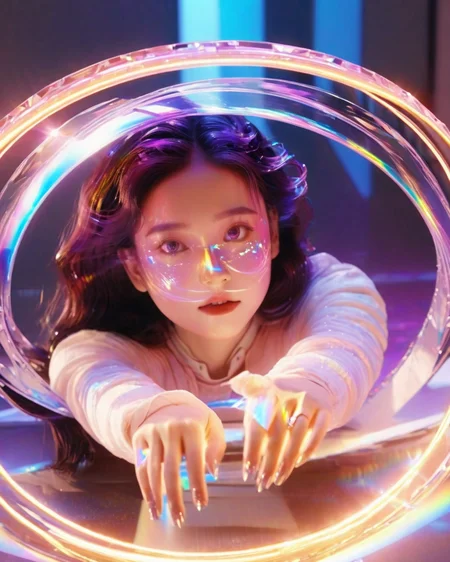 <lora:xl-holographic-å¨æ¯V20:0.7>,holographic,A messy halo,surrounded by a girl,the girl in the ring inside the hands spread out,driving the ring,