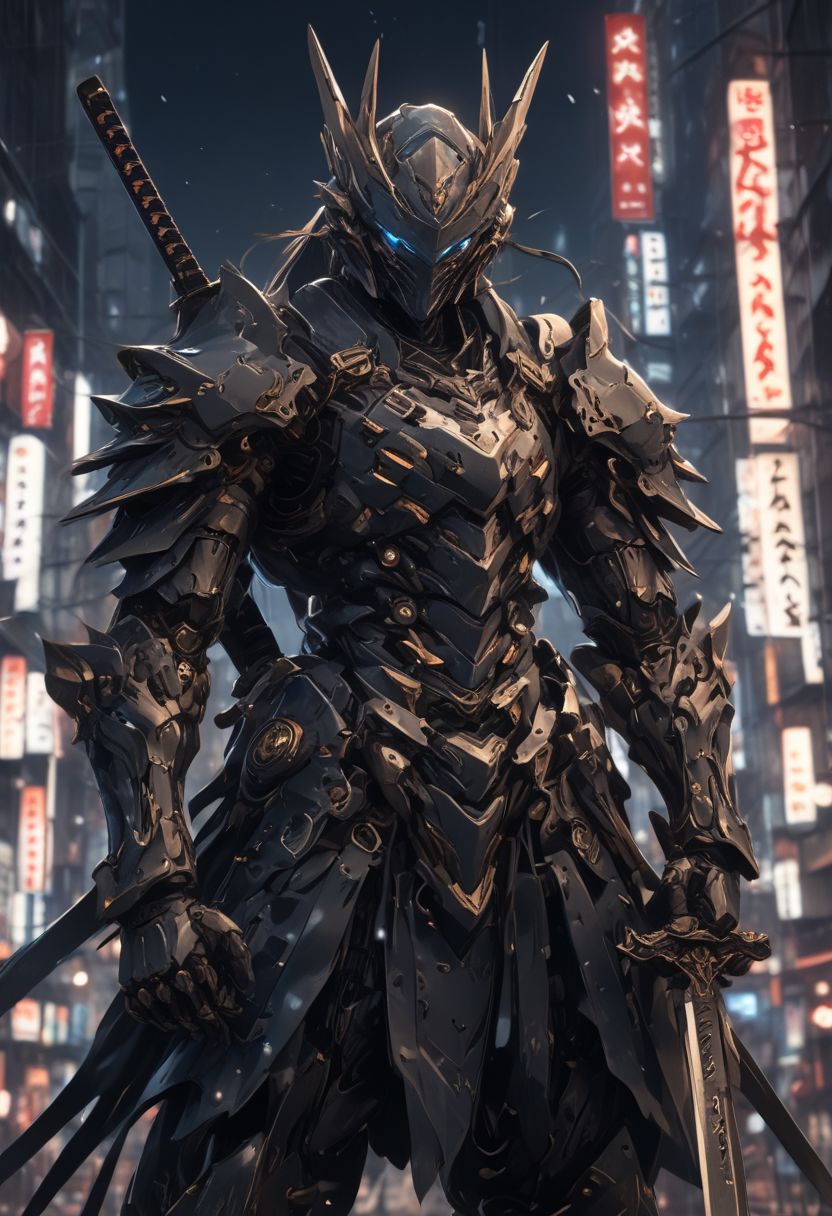 shinjuku, neon lights, city, one man, samurai armour, night time, dramatic lighting, holding 1 sword, high quality, blue armor