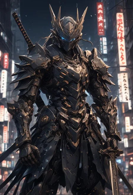 shinjuku, neon lights, city, one man, samurai armour, night time, dramatic lighting, holding 1 sword, high quality, blue armor