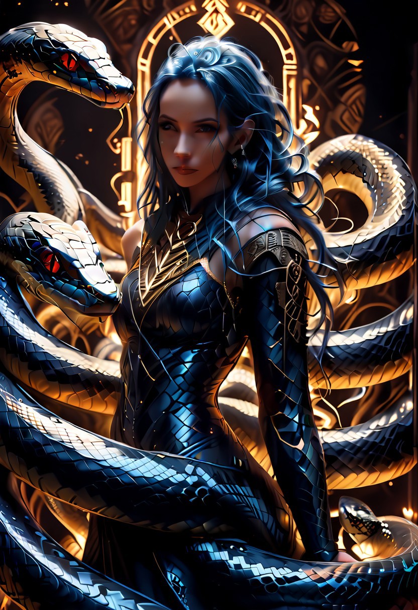 score_9, score_8_up, score_7_up, score_6_up, full body painting of a female slowly turning into a snake, (((sn4ke))), horrifically captivating beauty, blue and black color scheme , very long hair, hair wrapped around body, snake eyes,, enticing the viewer closer, painted in style of clive barker, inspired with hellraiser like design, dark shot, shadows, dim light, field of depth, dark light, red and black theme, abandonment in background, despair,
BREAK
cinematic angle, unique perspective, dramatic lighting