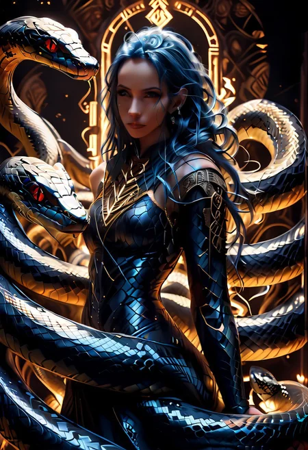 score_9, score_8_up, score_7_up, score_6_up, full body painting of a female slowly turning into a snake, (((sn4ke))), horrifically captivating beauty, blue and black color scheme , very long hair, hair wrapped around body, snake eyes,, enticing the viewer closer, painted in style of clive barker, inspired with hellraiser like design, dark shot, shadows, dim light, field of depth, dark light, red and black theme, abandonment in background, despair,
BREAK
cinematic angle, unique perspective, dramatic lighting