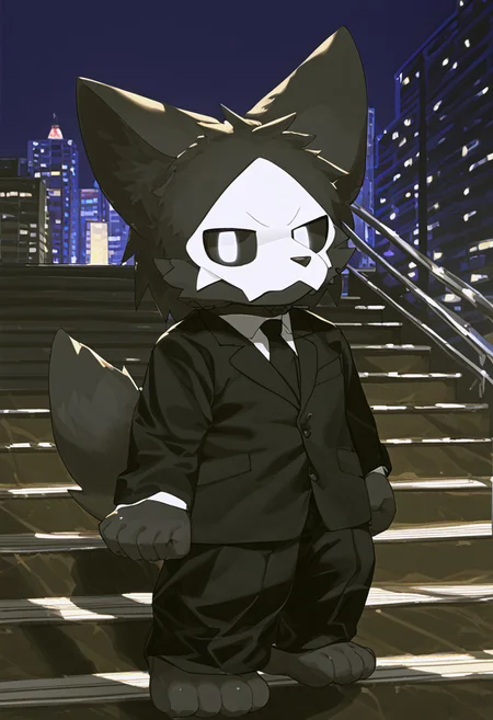 lv1rubili, zPDXL2, furry, anthro, cute, kemono, male focus, score_9, score_8_up, score_7_up, full body, digital art, highly detailed, looking at viewer, standing to viewer, full view, puro, black latex, furry, changed, white eyes, white mask, black fur, 1boy, solo, moody nighttime atmosphere, night city background, wear formal attire and trousers, (((standing on stairs with an angry expression on his face)))