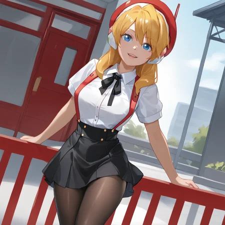 <lora:aliamegaman_pony_v1:1>AliaBikini, 1girl, blonde hair, medium breasts, android, blue eyes, robot ears, long hair, bangs, headgear,  robot joints, hair between eyes, cowboy shot  <lora:0902 Home wear 5_v1_pony:1> ruanyi0902,beret,black ribbon,collared shirt,black pantyhose,high-waist skirt,white shirt,suspenders