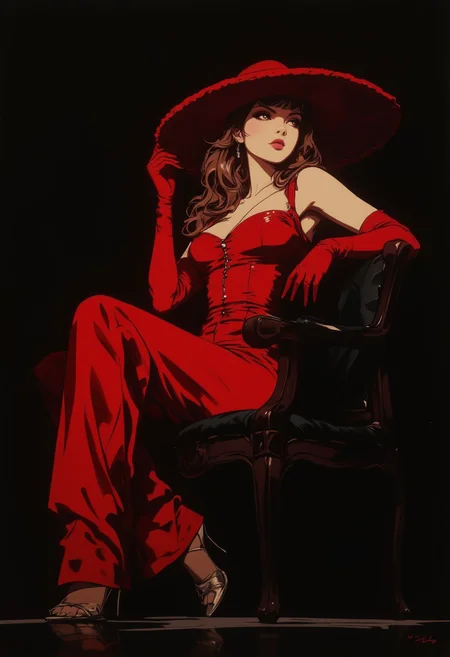 in the style of cksc, transparency, reflections, Roger Dean, Rodney Matthews,, A woman poses elegantly on a black chair, wearing a vibrant red outfit consisting of a sleeveless jumpsuit, long red gloves, and a wide-brimmed red hat. Her long, wavy hair falls over her shoulders, and she looks slightly to the side with a confident expression. She wears silver high-heeled sandals, adding a touch of glamour to her bold aesthetic. The background is dark, highlighting the vibrant red of her outfit.,.
(Depth of field), low saturation,detail. mythp0rt Stylish, charismatic.,
Dramatic painting in the style of Caravaggio and Rembrandt, with striking chiaroscuro and exceptional detail.. (Depth of field).. . masterpiece, best quality, medium-format camera, high-contrast, dramatic lighting, striking composition, The overall composition feels cinematic. mythp0rt., Alexis (Depth of field),detail. mythp0rt, Stylish, charismatic. mythp0rt,, charismatic.c. . .
An otherworldly atmosphere.
(Depth of field), low saturation,detail. mythp0rt Stylish, charismatic. ,.
masterpiece, ,KNRm, embedding:SD15\charturnerv2, CPA,
An otherworldly atmosphere.
(Depth of field), low saturation,detail. mythp0rt Stylish, charismatic. ,.