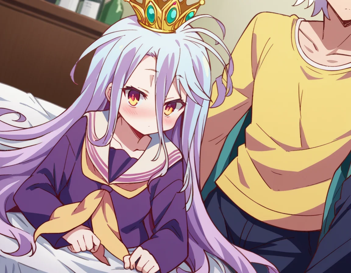 score_9, score_8_up, score_7_up, source_anime,
ngnlshiro, <lora:ngnl-shiro-s1-ponyxl-lora-nochekaiser:1>
shiro, long hair, hair between eyes, very long hair, white hair, messy hair, yellow eyes,
crown, shirt, long sleeves, school uniform, serafuku, sailor collar, neckerchief, white sailor collar, yellow neckerchief,
indoors, bed, bed room, on side, blush, drunk,
looking at viewer, dutch angle, cowboy shot