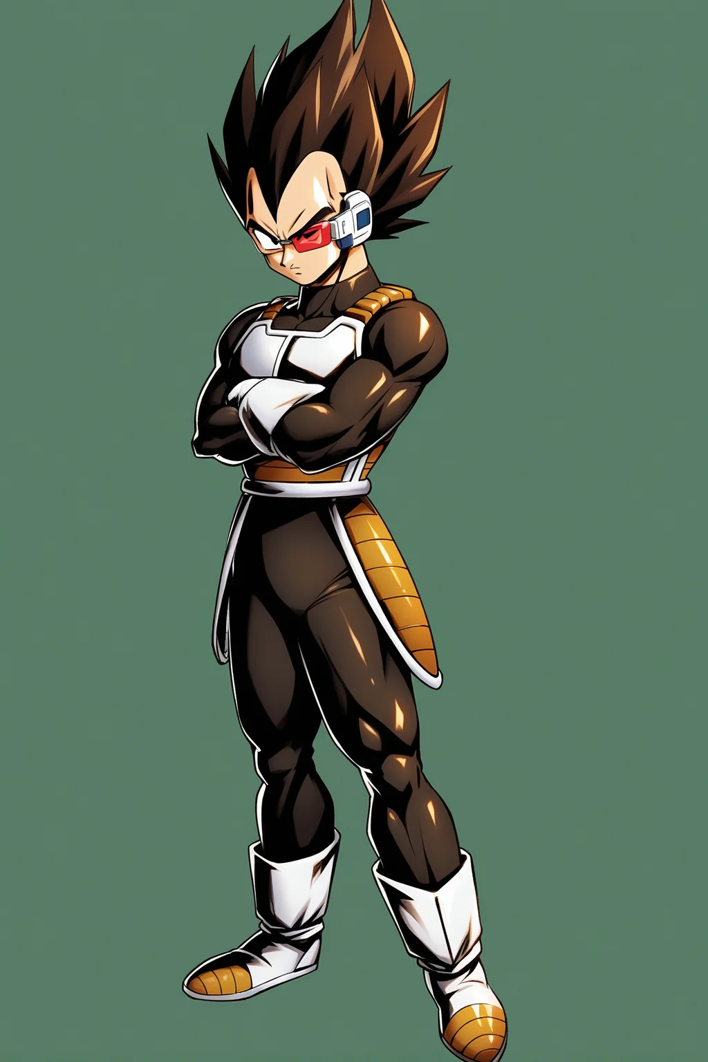 male focus,1boy,solo,saiyan armor,vegeta,white footwear,crossed arms,boots,white gloves,armor,spiked hair,gloves,full body,black hair,white background,simple background,scouter,standing,<lora:Dragon Ball_XL:0.8>,