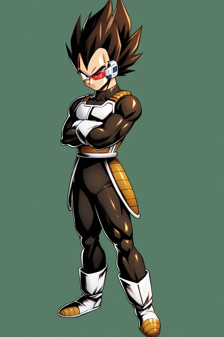male focus,1boy,solo,saiyan armor,vegeta,white footwear,crossed arms,boots,white gloves,armor,spiked hair,gloves,full body,black hair,white background,simple background,scouter,standing,<lora:Dragon Ball_XL:0.8>,