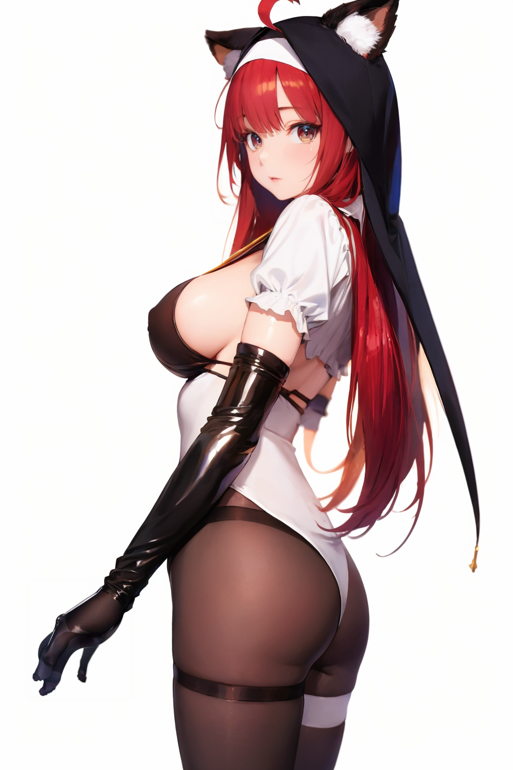 (cowboy_shot:1.5),(white background:1.5),
curvy,oval face,(red hair:1.3),messy hair,ahoge,very long hair,crossed bangs,makeup,fundoshi,long_eyelashes,light_blush,fox ears,black eyes,medium breasts,(front view:1.2),
<lora:é»ä¸è¿è£¤è¢ä¿®å¥³SD1.5:0.7>,1girl,solo,necklace,gloves,cross,jewelry,breasts,elbow gloves,pantyhose,cross necklace,black pantyhose,bodysuit,nun,see-through,sideboob,thong,, (masterpiece:1.2),best quality,masterpiece,highres,original,extremely detailed wallpaper,perfect lighting,(extremely detailed CG:1.2),