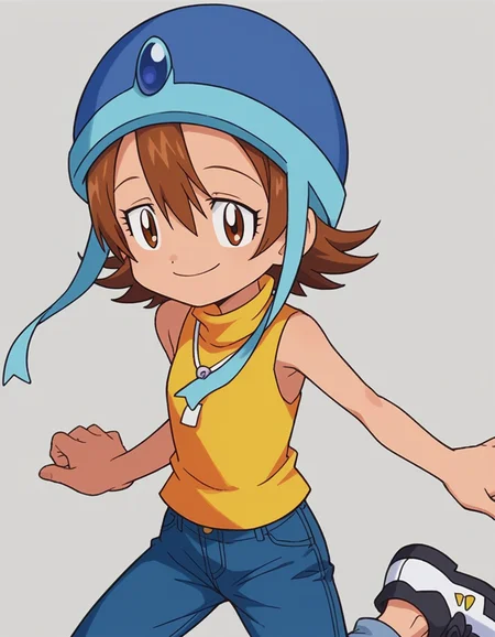 zPDXL, score_9, score_8_up, score_7_up, source_anime,
<lora:Digimon_v2-15:0.8> digimon, half-closed eyes, smile, arm at side, 1girl, solo, sora, brown hair, brown eyes, short hair, hair between eyes, blue helmet, hat straps, yellow turtleneck, sleeveless, white collar, jeans, black sneakers,