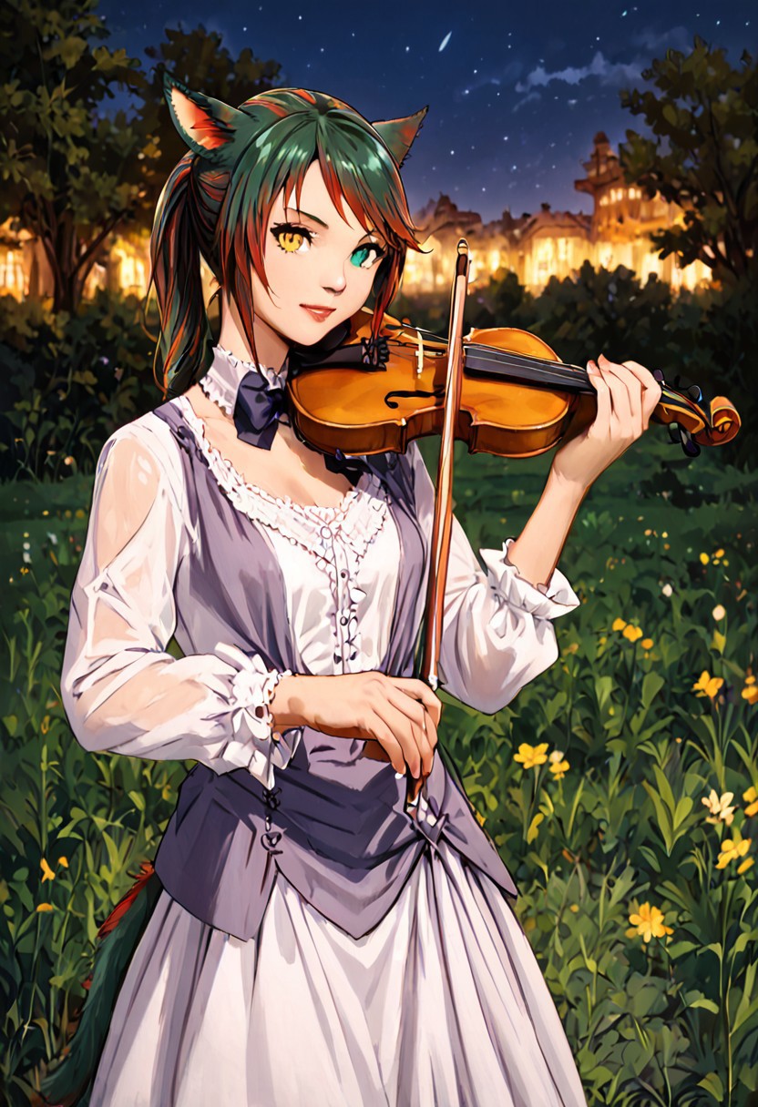 SFW, rating_all, score_10, score_8_up, score_7_up, beautiful, realistic, detailed, perfect, quality, vector, flat colors, masterpiece, ((night)), night sky, landscape, volumetric shadows, reflections, (moon:0.8), colorful, siriha, miqo'te, green hair, red hair, two-tone hair, tail, heterochromia, yellow eyes, green eyes, slit pupils, victorian dress, violin, bow (music), playing violin, grassy fields, party dress