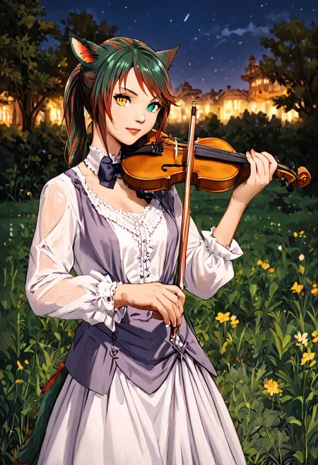 SFW, rating_all, score_10, score_8_up, score_7_up, beautiful, realistic, detailed, perfect, quality, vector, flat colors, masterpiece, ((night)), night sky, landscape, volumetric shadows, reflections, (moon:0.8), colorful, siriha, miqo'te, green hair, red hair, two-tone hair, tail, heterochromia, yellow eyes, green eyes, slit pupils, victorian dress, violin, bow (music), playing violin, grassy fields, party dress