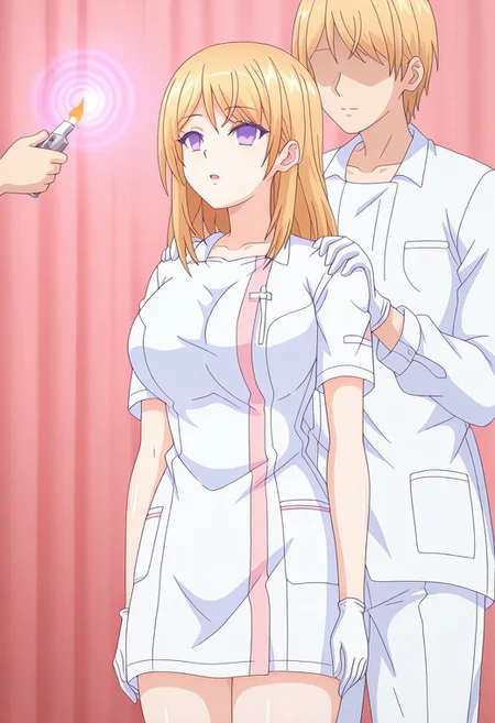 Misuzu hypnotized by flame,
score_9, anime, 1girl, lewd, smooth,
mind control, hypnosis, empty eyes, vacant expression, (spiral), hypnotic lighter, looking at lighter,
faceless male, female focus, lighter, flame, standing behind, reach around, grabbing another's shoulder, holding lighter, arms at sides, reaching over shoulder,
akao, blonde hair, long hair, purple eyes, large breasts, white dress, nurse, white pants, white gloves