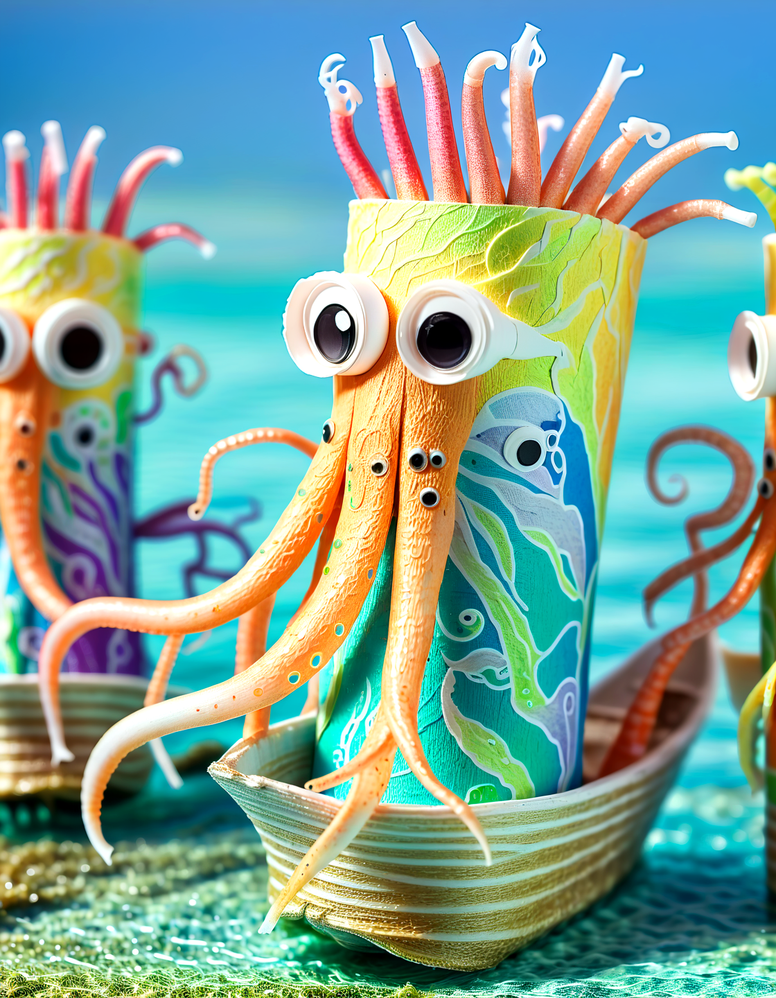 Macro Photography a squid made of toilete paper roll, tprc style, in a boat, clorfull, masterpice, 8k,,, Macro Photography, often for close-up views, small subjects, or detailed examination.