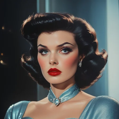 Score_9, score_8_up, score_7_up, BREAK
ArsMovieStill, Movie Still From Colored 1950s Super Panavision 70 Movie, The image shows a woman in a blue dress with red lipstick her face illuminated by the light of the room. Her eyes are closed giving her a peaceful and serene expression., 1girl, jewelry, earrings, solo, makeup, dress, red lips, lipstick, black hair, curly hair