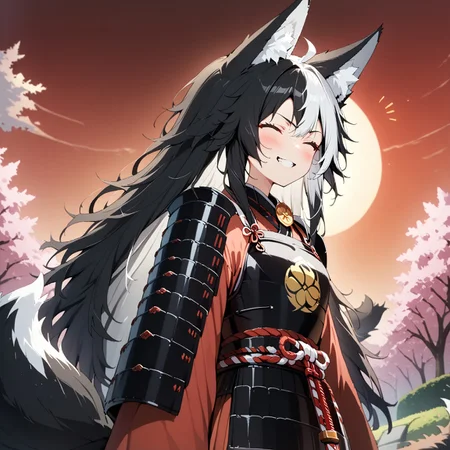 symphtia-style, source_anime, masterpiece, best quality, absurdres, vibrant, highly detailed, very aesthetic, cowboy shot, from below, cute, adorable, fluffy, 
BREAK 
1girl, solo, ((Nemu, Foxgirl)), (Black Hair, (Black_Fox_Ears, Black_Fox_Tail, Left White Hair Highlight)), samurai, wearing a black samurai armor, Oda symbol, weapon, katana, sheathed weapon, weapon at side, closed eyes, ^^, smile, teeth, 
BREAK 
outdoors, sunset, reddish sunset, japanese garden, cherry trees, backlight