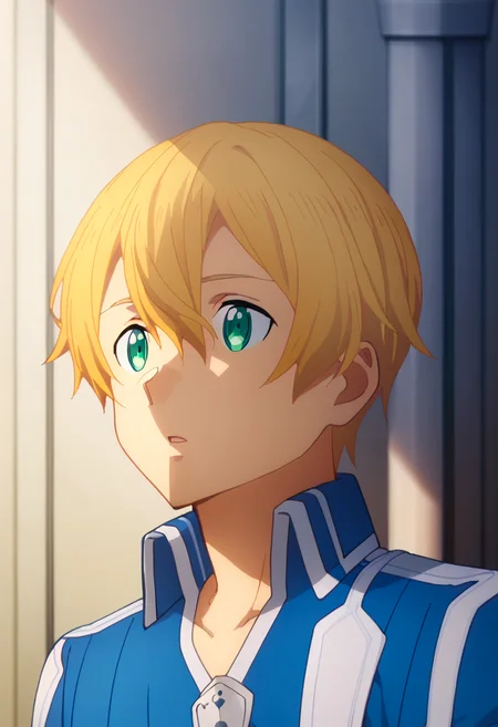 score_9, <lora:eugeo:1> eugeo, 1boy, bangs, blonde hair, blue jacket, blue pants, blue shirt, eugeo, green eyes, hair between eyes, male focus, parted lips, solo, upper body