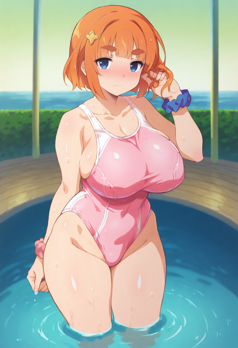 score_9, score_7_up,  1girl, 
huge breasts, wide hips, thick thighs, blue eyes, one-piece swimsuit, hair ornament, :<, thighs, breasts, swimsuit, wet, water, hair scrunchie, pink one-piece swimsuit, short hair, solo, collarbone, nose blush, wading, orange hair, hand up, thick eyebrows, blush, scrunchie, blunt bangs, looking at viewer, casual one-piece swimsuit, curvy, w, hand in own hair, closed mouth, standing
 <lora:wanaca-Style-PonyXL-GLoRA-000046:1>